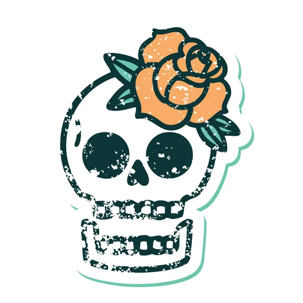 Ikonische Distressed Sticker Tattoostil Bild Eines Totenkopfes Und Rose — Stockvektor