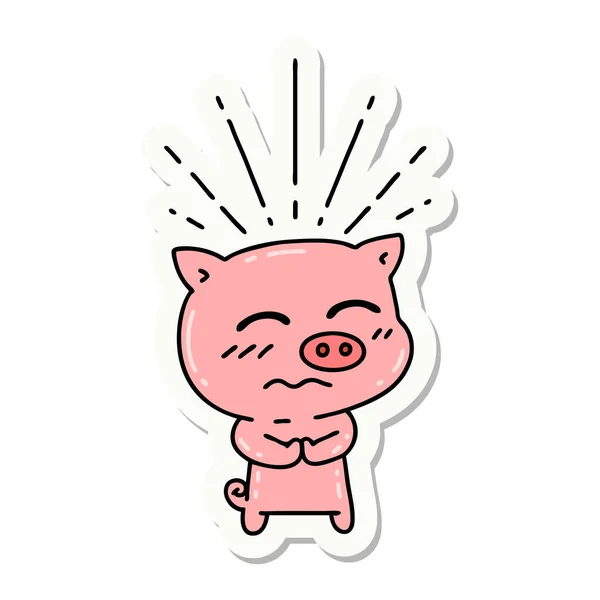 タトゥースタイルの神経質な豚のキャラクターのステッカー — ストックベクタ