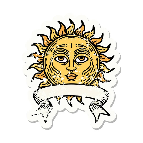 Worn Old Sticker Banner Sun Face — Stock Vector
