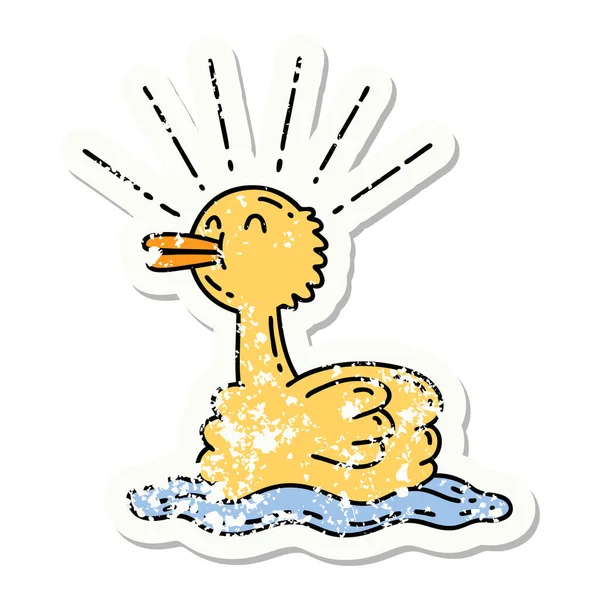 Worn Old Sticker Tattoo Style Swimming Duck — Stock Vector