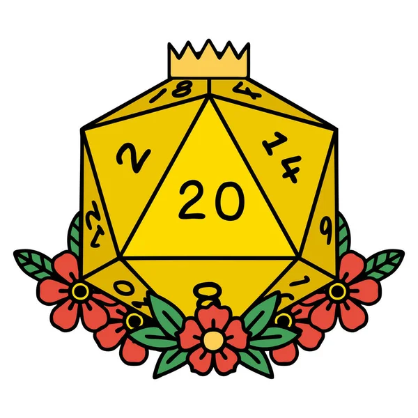 Retro Tattoo Style Naturliga D20 Tärningsrulle Med Blommiga Element — Stock vektor