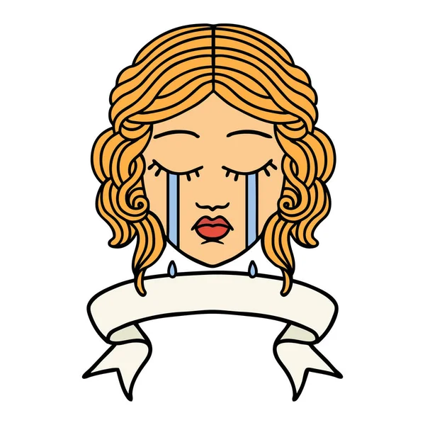 Tatouage Traditionnel Avec Bannière Visage Féminin Pleurer — Image vectorielle