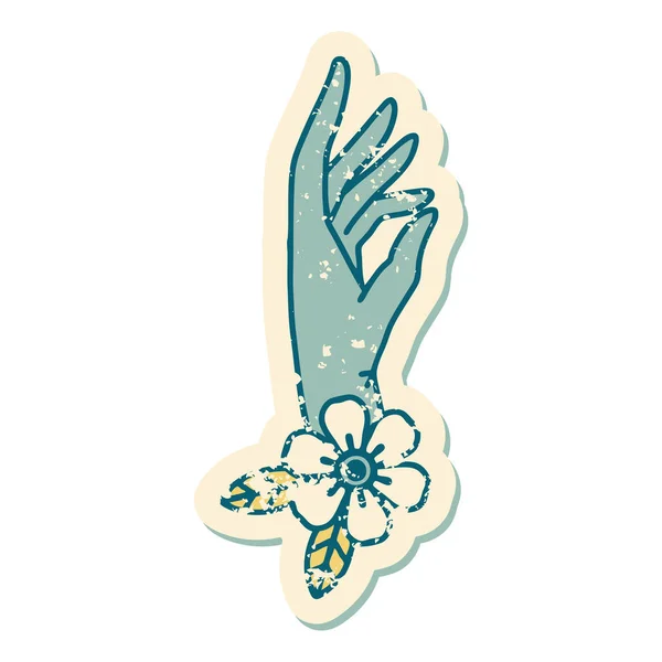 Emblématique Autocollant Affligé Tatouage Style Image Une Main Fleur — Image vectorielle