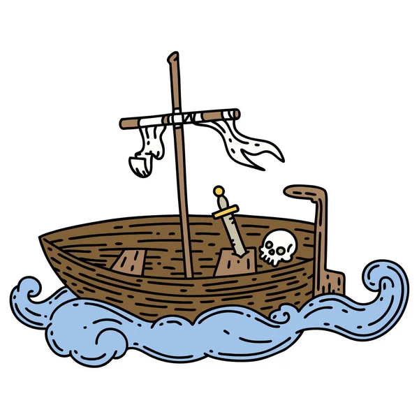 Ілюстрація Традиційного Стилю Татуювання Порожній Човен Черепом — стоковий вектор