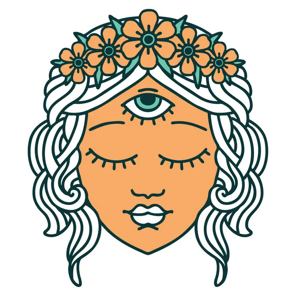 Konik Dövme Stili Üçüncü Gözü Çiçek Tacıyla Kadın Yüzü — Stok Vektör