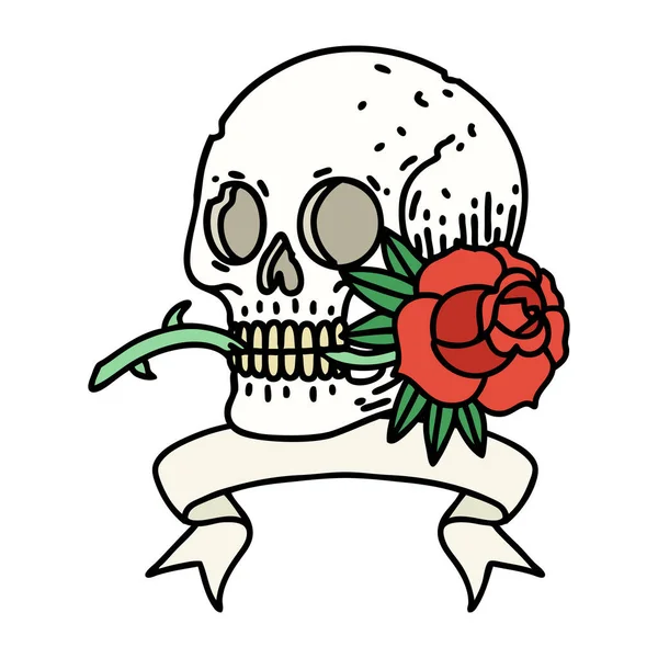 Традиционная Татуировка Знаменем Черепа Розы — стоковый вектор