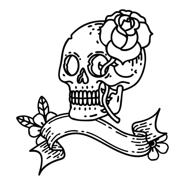 Traditional Black Linework Tattoo Banner Skull Rose — Stock Vector