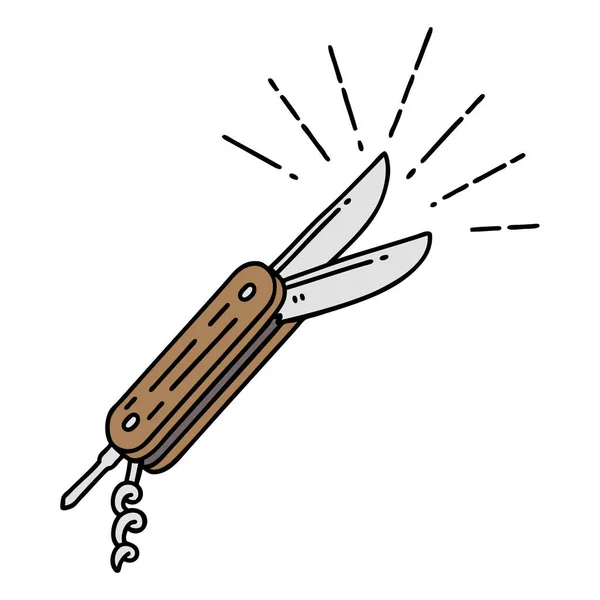 Illustration Traditional Tattoo Style Folding Knife — Stock Vector