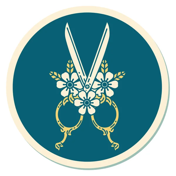 Autocollant Tatouage Dans Style Traditionnel Ciseaux Coiffeur Fleurs — Image vectorielle