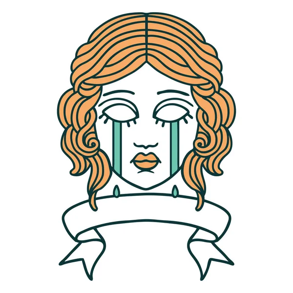 Traditional Tattoo Banner Female Face Crying — Stock Vector