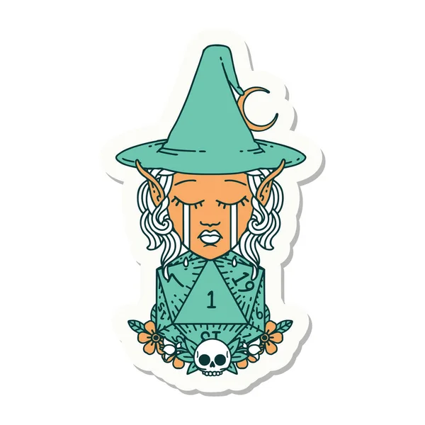 Sticker Crying Elf Witch Natural One D20 Roll — Stock Vector