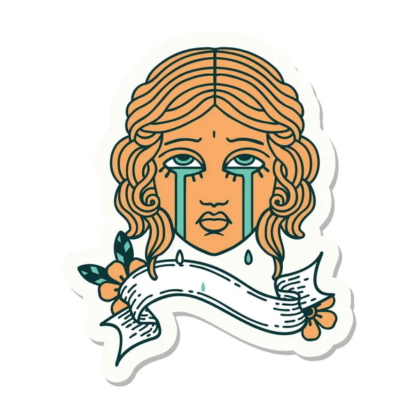 Autocollant Style Tatouage Avec Bannière Visage Féminin Pleurer — Image vectorielle