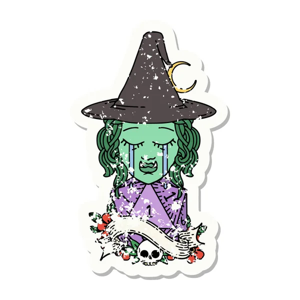 Pegatina Grunge Llanto Medio Orco Personaje Bruja Cara Con Uno — Vector de stock