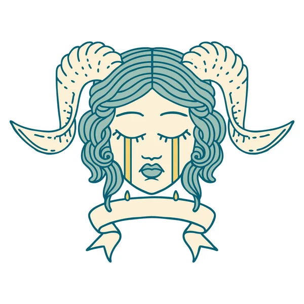 Retro Tatuaje Estilo Llorando Tiefling Con Pancarta Desplazamiento — Vector de stock