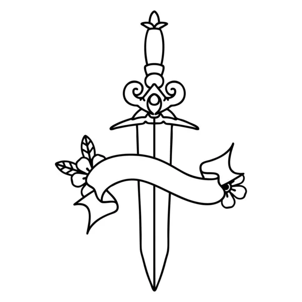 Традиционная Татуировка Черной Линии Знаменем Кинжала — стоковый вектор
