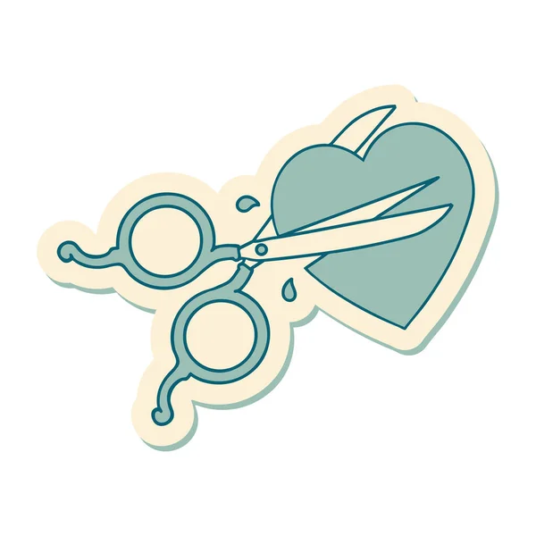 Sticker Tattoo Traditional Style Scissors Cutting Heart — Stock Vector