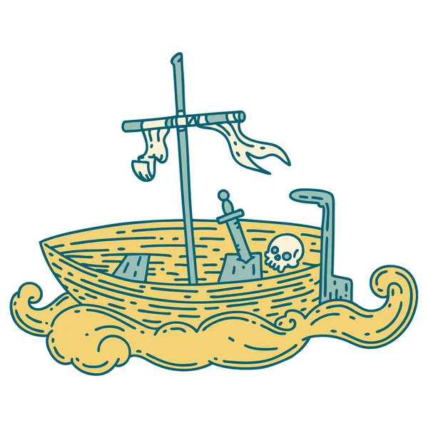 Ilustracja Tradycyjnego Stylu Tatuażu Pusty Jacht Czaszką — Wektor stockowy