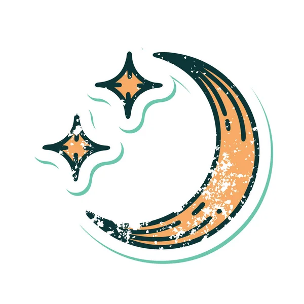 Iconic Distressed Sticker Tattoo Style Image Moon Stars — Stock Vector