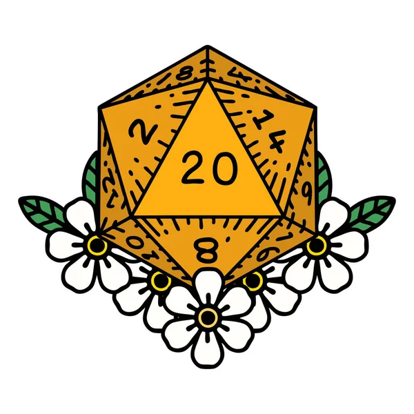 Retro Tattoo Style Naturliga D20 Tärningsrulle Med Blommiga Element — Stock vektor