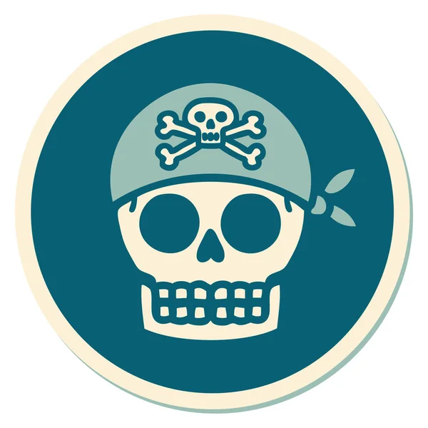 Etiqueta Tatuagem Estilo Tradicional Crânio Pirata — Vetor de Stock