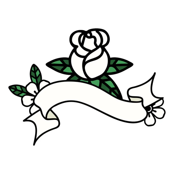 Традиционная Татуировка Знаменем Одной Розы — стоковый вектор