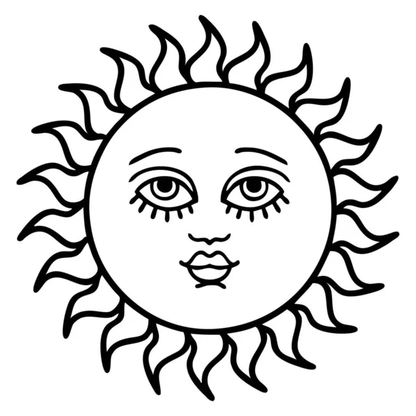 Татуировка Стиле Черной Линии Солнца Лицом — стоковый вектор