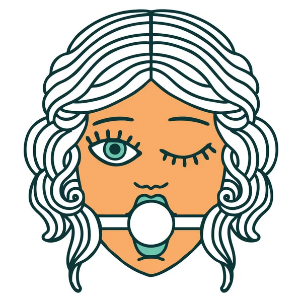 Iconic Tattoo Style Image Winking Female Face Wearing Ball Gag — Stock Vector