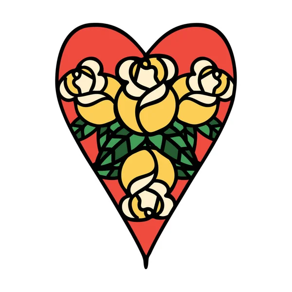Tatuaje Estilo Tradicional Del Corazón Las Flores — Archivo Imágenes Vectoriales