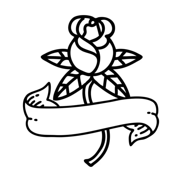 Tatouage Style Ligne Noire Une Rose Une Bannière — Image vectorielle