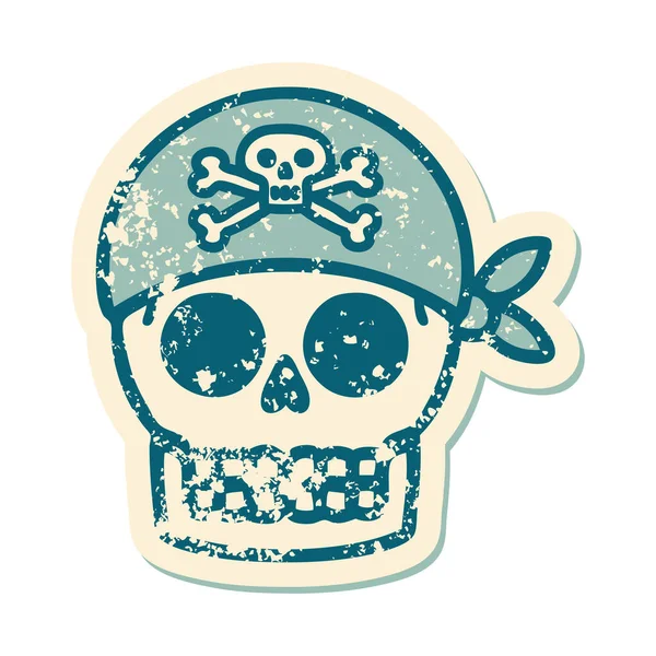 Emblématique Autocollant Affligé Tatouage Style Image Crâne Pirate — Image vectorielle