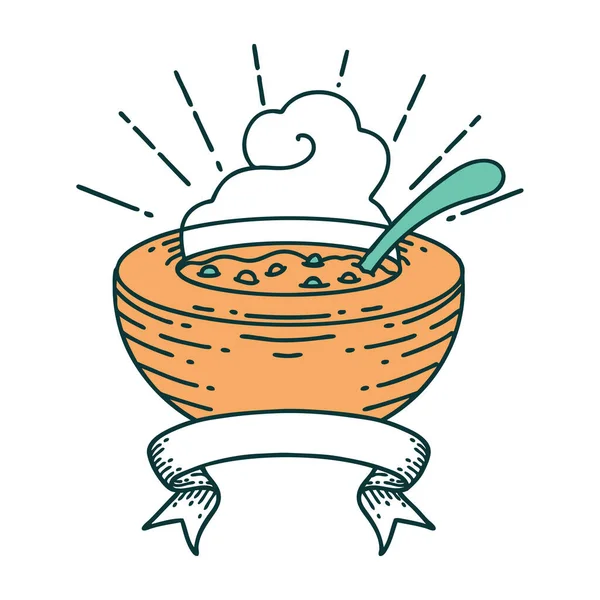 Bannière Défilement Avec Bol Soupe Style Tatouage — Image vectorielle