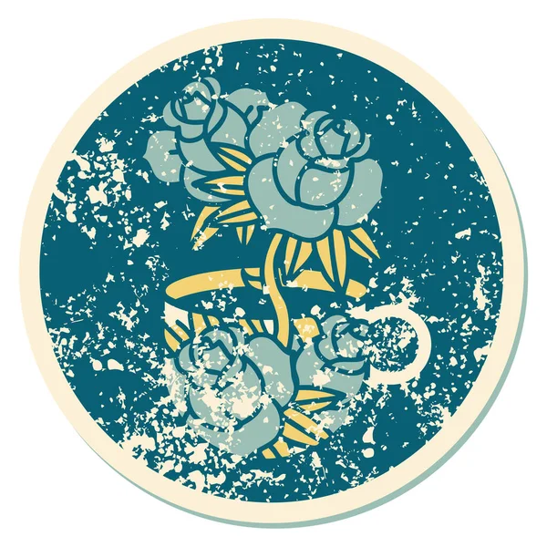 カップと花の象徴的な悲痛なステッカータトゥースタイルのイメージ — ストックベクタ