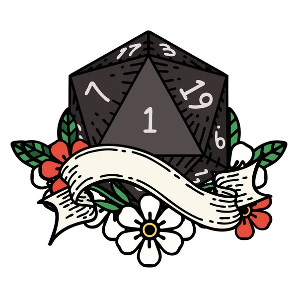 Retro Tattoo Style Natural One D20 Dice Roll Stock Illustration