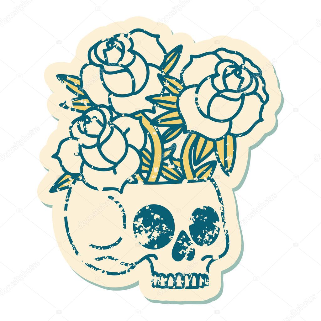 iconic distressed sticker tattoo style image of a skull and roses