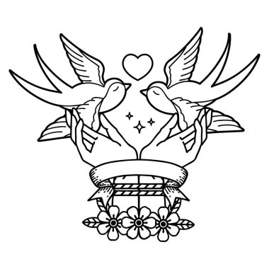 Geleneksel siyah çizgili dövme. Elleri bağlı ve kırlangıçlı.