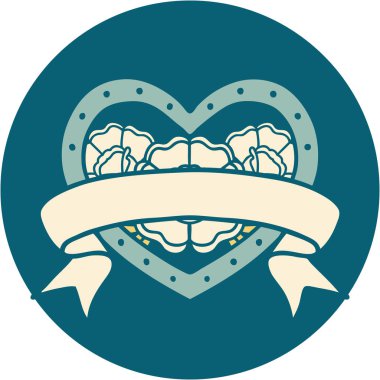 ikonik dövme stili bir kalp ve çiçekli pankart