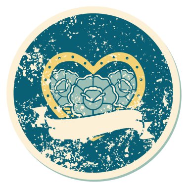 ikonik sıkıntılı dövme stili bir kalp ve çiçekli pankart