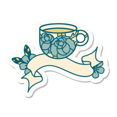 Fincanın ve çiçeklerin bayrağıyla dövme stili çıkartması