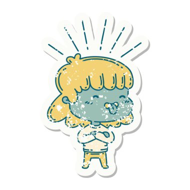 Dili çıkmış dövme stili bir kızın eski çıkartması.