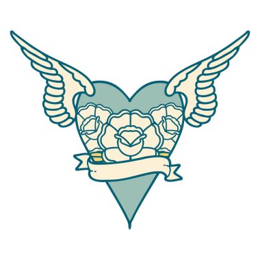 Çiçek ve bayrak taşıyan uçan bir kalbin ikonik dövme görüntüsü