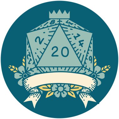 Retro Dövme Biçimi Doğal 20 kritik vuruş D20 zar atma