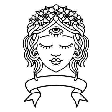 Geleneksel siyah çizgili dövme, bayrak, üçüncü göz ve çiçek tacıyla birlikte.