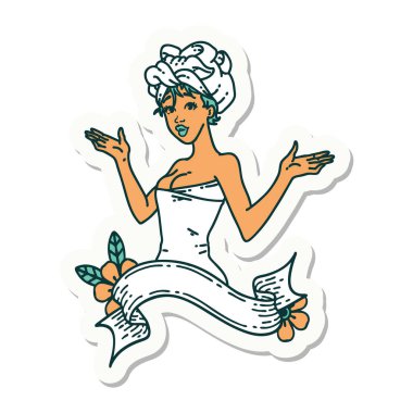 Geleneksel stil dövme çıkartması. Havlu ve pankartı olan bir kız resmi.