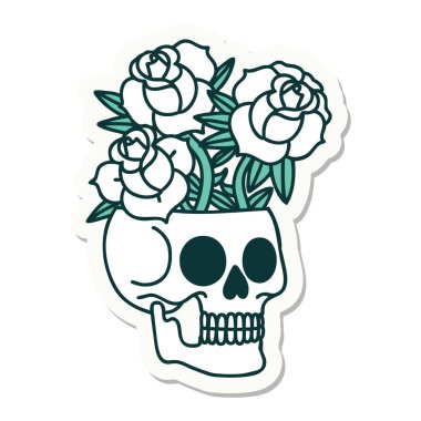 Geleneksel kafatası ve gül stili dövme çıkartması.