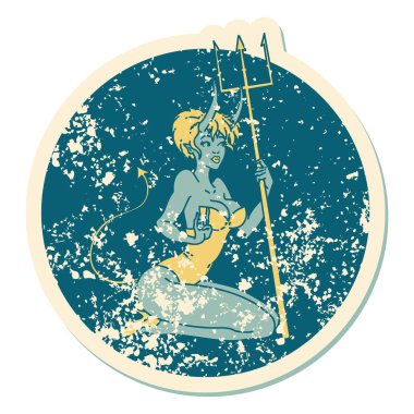 İkonik sıkıntılı çıkartma dövme stili Pinup şeytan kız imajı