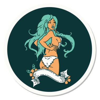 Geleneksel stil dövme çıkartması. Sancaklı Viking kız.