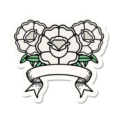 Bir buket çiçeğin pankartıyla dövme stili çıkartması