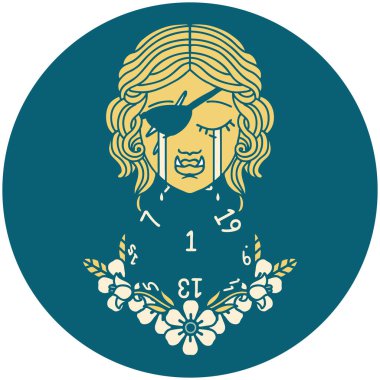 Retro Dövme Tarzı ağlayan yarı ork haydut karakter ve doğal D20 rulo