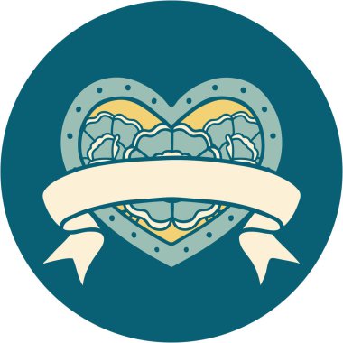 ikonik dövme stili bir kalp ve çiçekli pankart