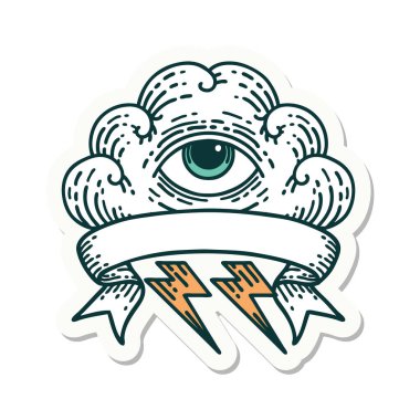 Her şeyi gören bir göz bulutunun bayrağına sahip dövme stili çıkartması